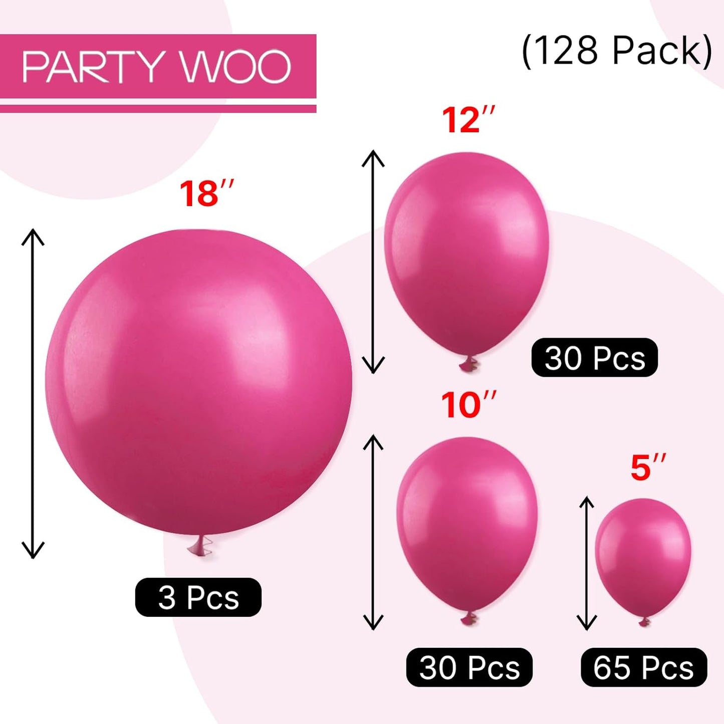 PartyWoo Hot Pink Balloons 128 pcs Different Sizes of 18 12 10 5 Inch Magenta Fuchsia Dark Pink Balloon Arch Kit Garland for Valentine's Day Baby Shower Princess Birthday Party Decorations Pink-Y12