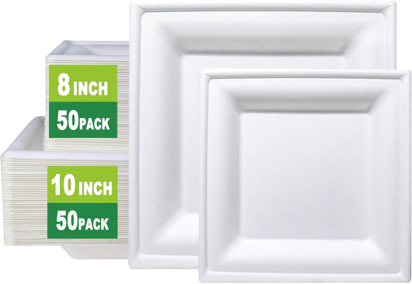 GreenWorks 8 inch and 10 inch Compostable Plates (each 50 Count), 100 Count Bagasse and Bamboo Fiber Disposable Paper Plates