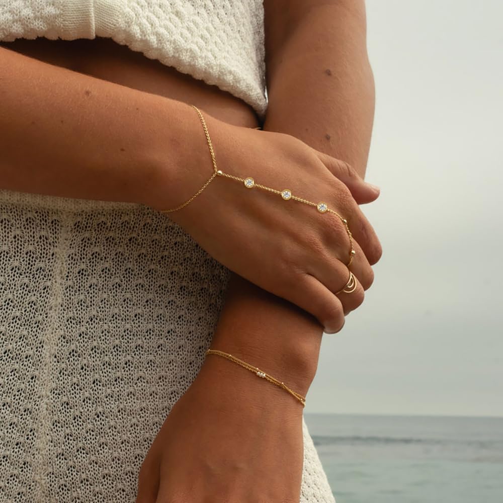 Listine Hand Chain Bracelet 14K Gold Plated Ring Bracelet Hand Chain Trendy Stuff for Women Dainty Hand Bracelets with Finger Ring Hand Jewelry for Women