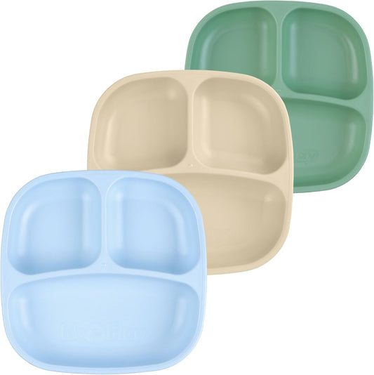 Re-Play Toddler Plates with Dividers - Deep-Walled 3 Compartments Divided Plates for Kids - Dishwasher & Microwave Safe - Made in USA - Set of 3-7.37" x 7.37" x 1.25" - Beach Baby