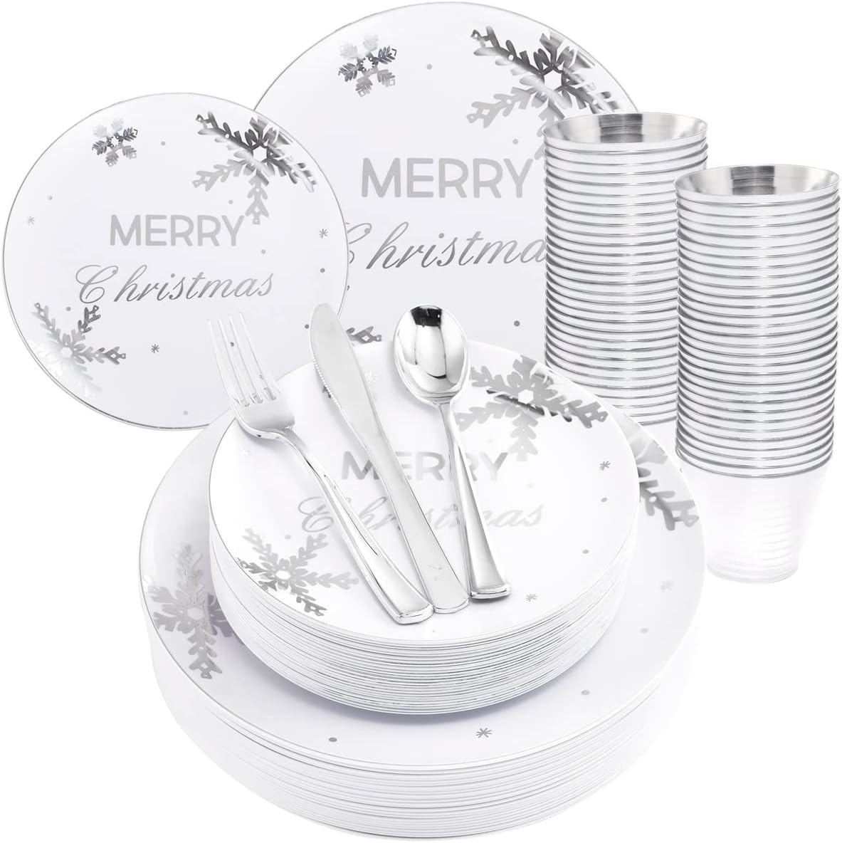 KIRE 25 Guest Christmas Plates - White Plastic with Silver Snowflake Design, Disposable Silverware & Clear Cups for Christmas Party Supplies