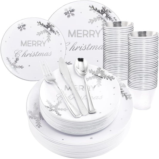 KIRE 25 Guest Christmas Plates - White Plastic with Silver Snowflake Design, Disposable Silverware & Clear Cups for Christmas Party Supplies