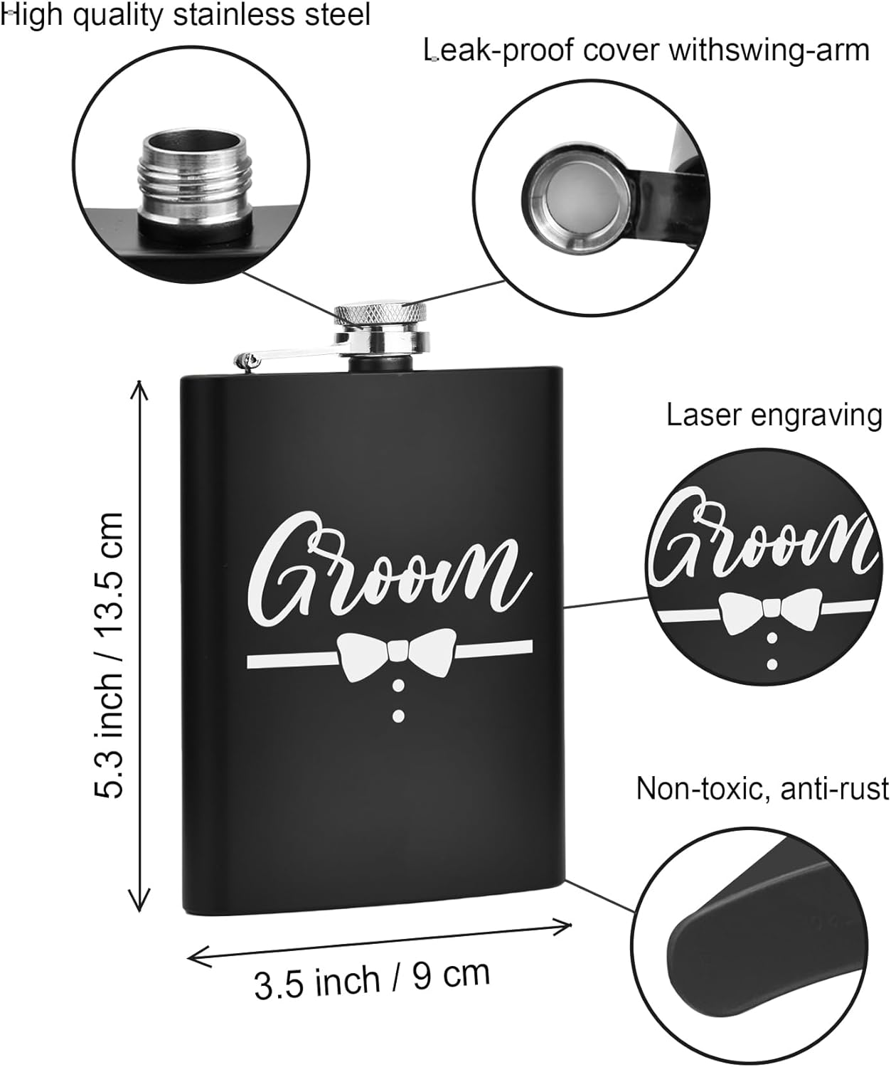 ELEGANTPARK Engraved Groom Flask Personalized Groom Gifts for Wedding Stainless Steel 8 OZ Black Hip Flask for Liquor with Funnel
