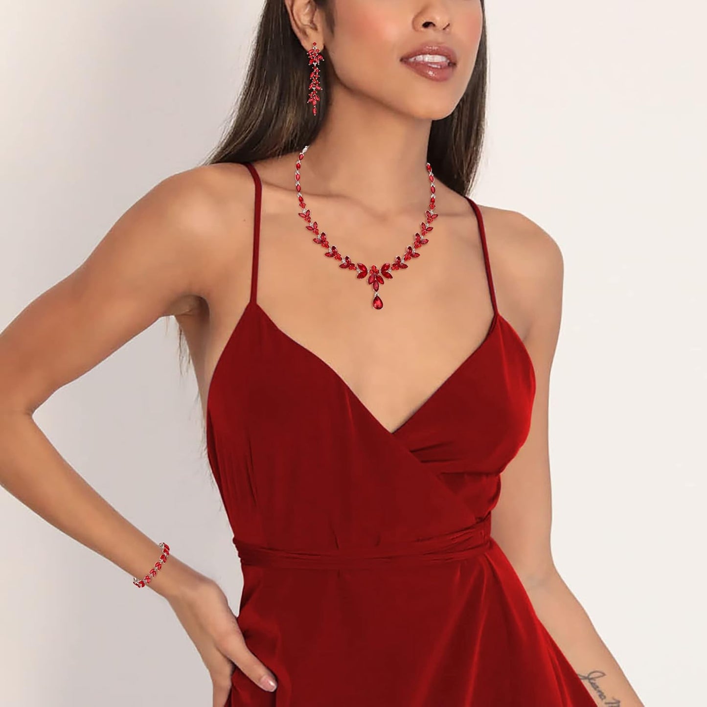 EVER FAITH Austrian Crystal Bridal Bridesmaid Jewelry Sets, Elegant Marquise Rhinestone Leaf Necklace Dangle Earrings Tennis Bracelet Set for Women