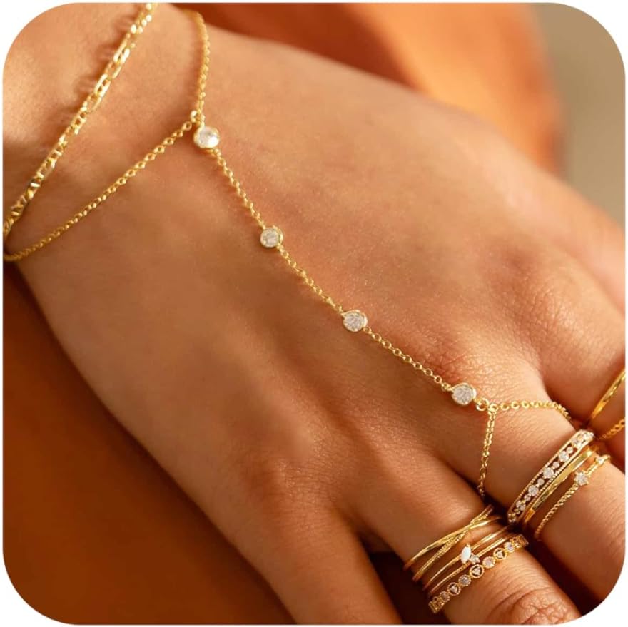 Listine Hand Chain Bracelet 14K Gold Plated Ring Bracelet Hand Chain Trendy Stuff for Women Dainty Hand Bracelets with Finger Ring Hand Jewelry for Women