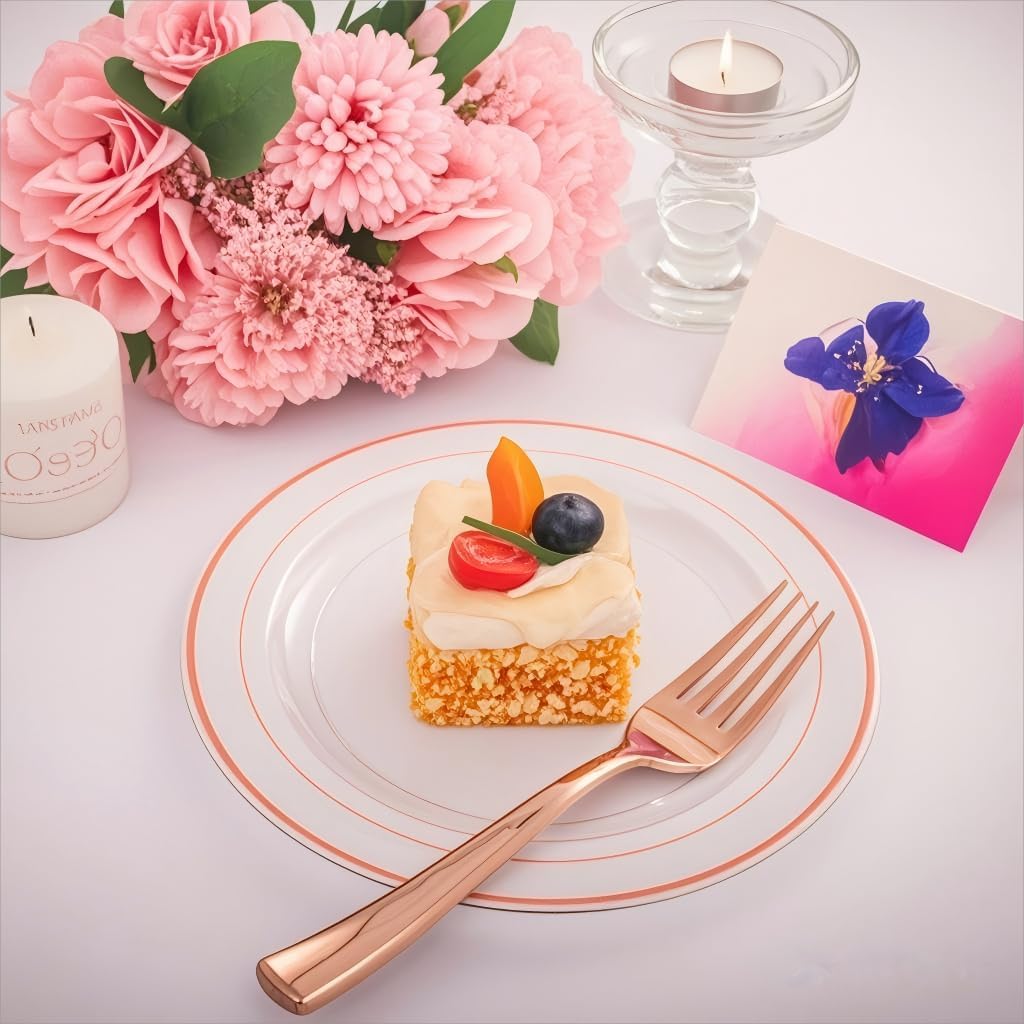 I00000 72 Pcs Rose Gold Plastic Dessert Plates7.5& 70 Pcs Plastic Forks7.4, Premium Salad Plates, Heavy Duty Disposable Plate for Party,Disposable Appetizer Plates Great for Wedding