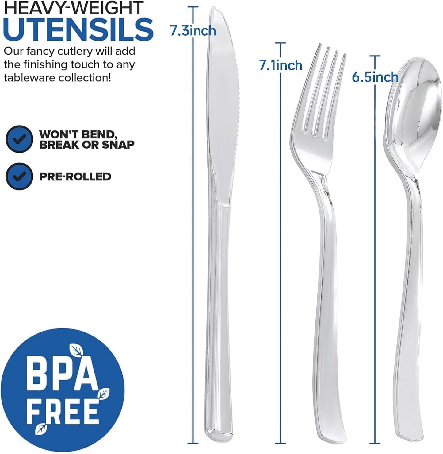 50Guests Pre Rolled Silver Plastic Silverware Sets - Heavy Duty Silver Cutlery - Include 50 Pack Wrapped Disposable Utensils with Napkins for Parties & Dinners & Weddings