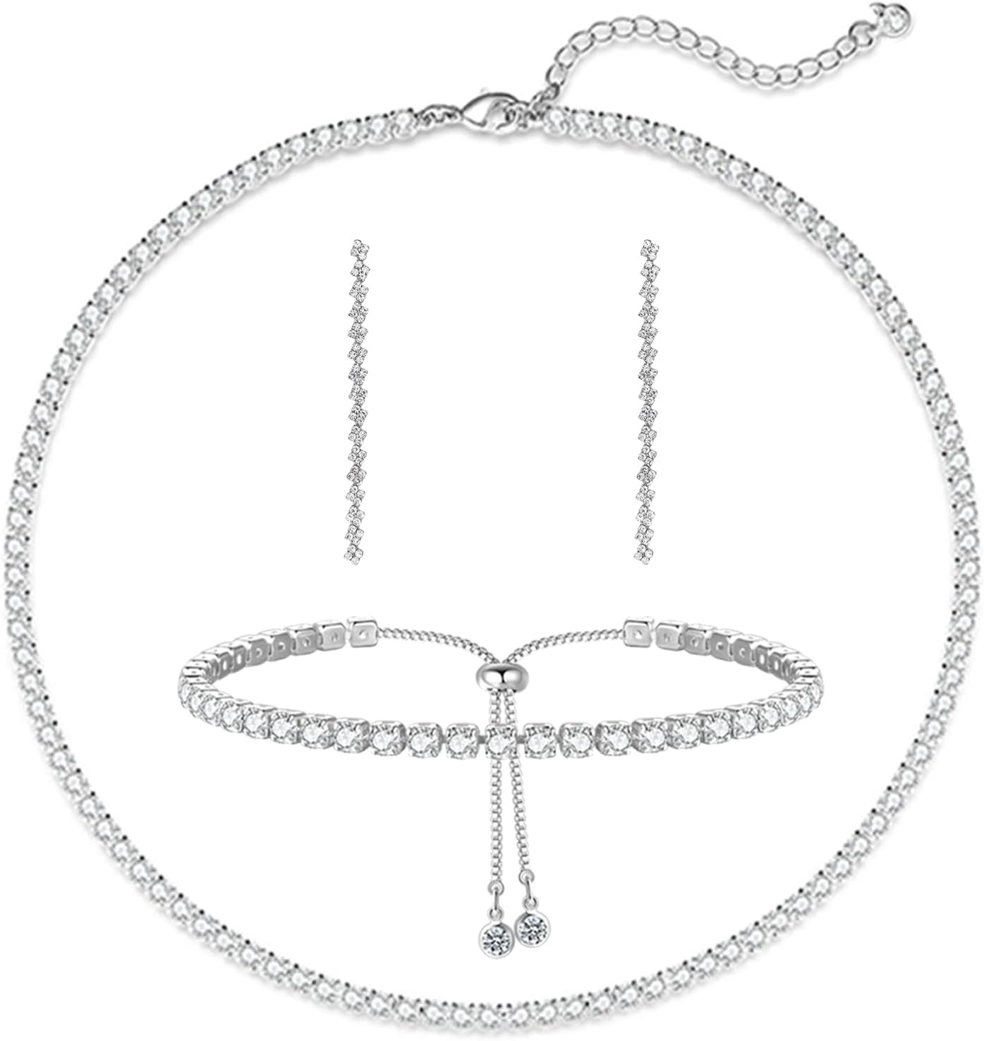 Tennis Necklace Bracelet for Women, Sterling Sliver, Dainty Chocker Necklace, Crystal Bracelet for Women, Wedding Jewelry for Bride, Sparkly Party Prom Hypoallergenic