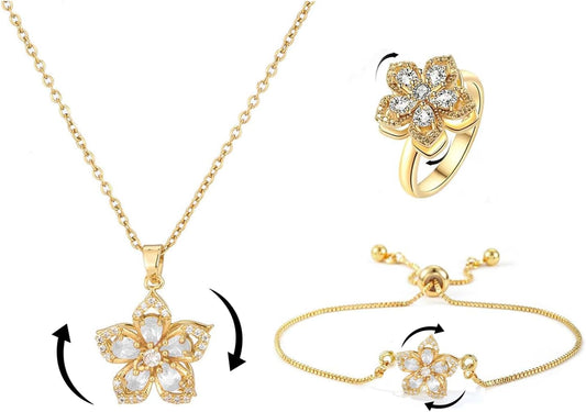 Necklace for Women Gold Flower Fidget Necklace Rotatable Crystal Silver Blossom Pendant Necklaces Adjustable Spinning Fidget Necklaces Redbud Flower Choker Funny Gift Jewelry