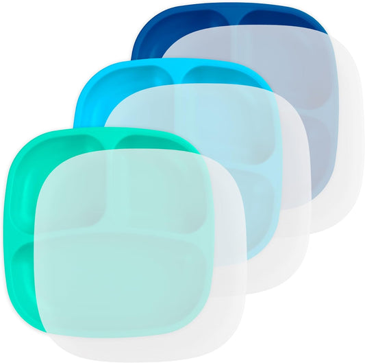 Re-Play Toddler Plates with Dividers - Deep-Walled 3 Compartments Divided Plates for Kids with 3 Lids - Dishwasher & Microwave Safe - Made in USA - Set of 3-7.37" x 7.37" x 1.25" - A True Blue