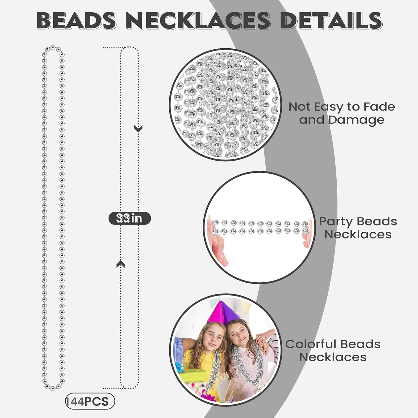 SHAOQINLIN 144 PCS Silver Bead Necklace, Silver Mardi Gras Beads Christmas Necklace, 4th of July Necklaces, 33'' Silver Party Beads for Patriotic Day, Mardi Gras, Christmas, Carnival Party Favors
