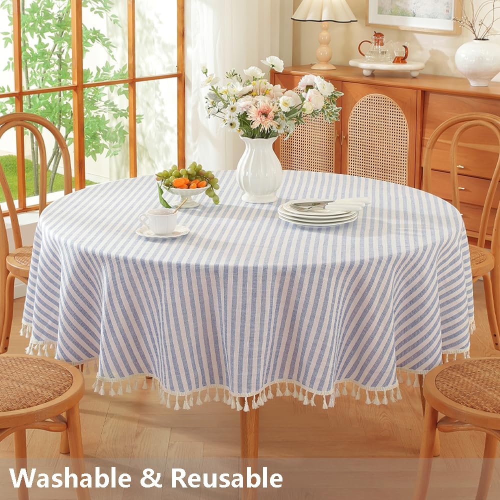 TruDelve 60 Inch Round Tablecloth Blue and White Striped Cloth Tablecloths Circle Fabric Outdoor Tablecloths for Round Tables (Blue,60",Round)