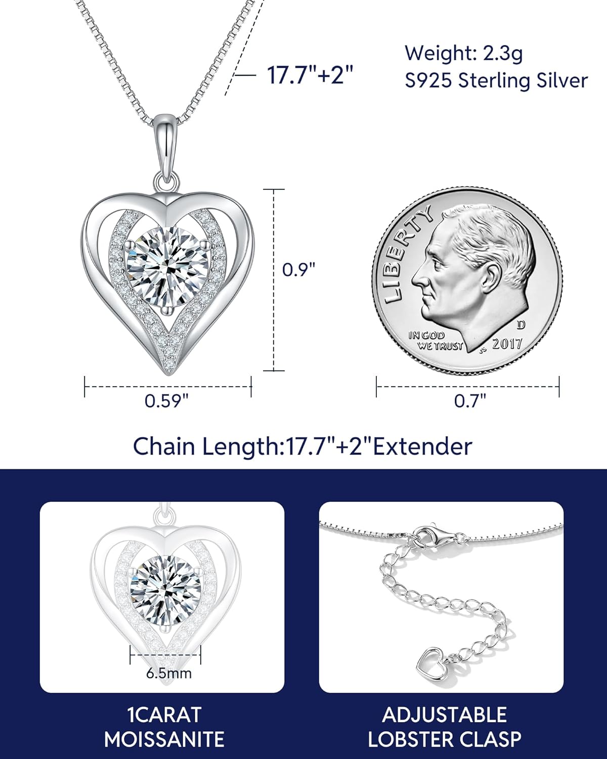 Moissanite Necklace for Women, 1-3 Carat Heart Necklace Engraved with 'I LOVE YOU' Gift for Wife, Anniversary Birthday Christmas Valentine Engagements Mothers Day Jewelry for Wife Her Girlfriend Mom Daughter