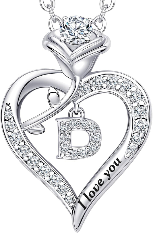 Rose Heart Pendant Necklace Gifts for Wife, Engraved 'I love you' Gift for Wife Girlfriend, Anniversary Birthday Eternity Jewelry Present for Women, Moissanite Necklace Gift for Her