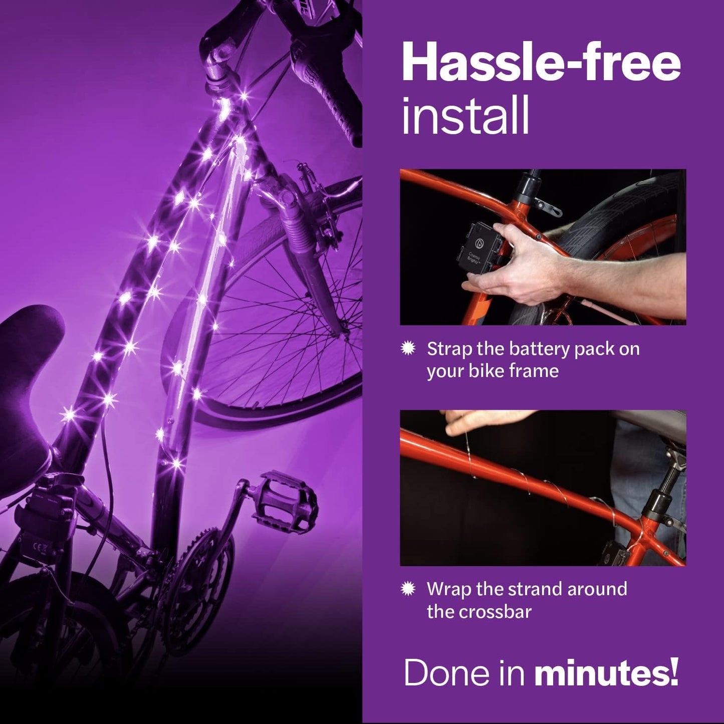 Brightz CosmicBrightz LED Bike Frame Rope Light - 6.5-Foot String Rope - Battery-Powered with On/Off Switch - Ultra Bright Color Keeps Your Ride Fun and Safe for Kids, Teens, & Adults