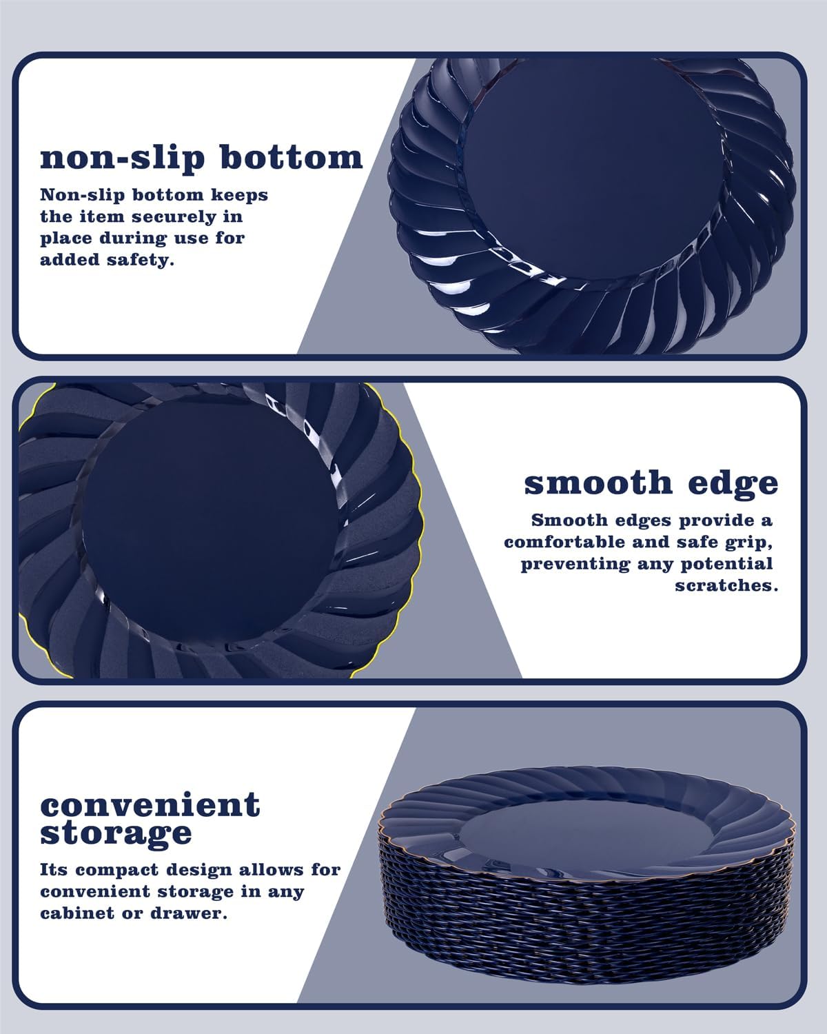 YOUBET 50 Pack Blue Scalloped Plastic Plates - 10.25 Inch Navy Blue Disposable Plates with Gold Rim - High End Elegant Vintage Dinner Plate for Birthday Parties & Wedding