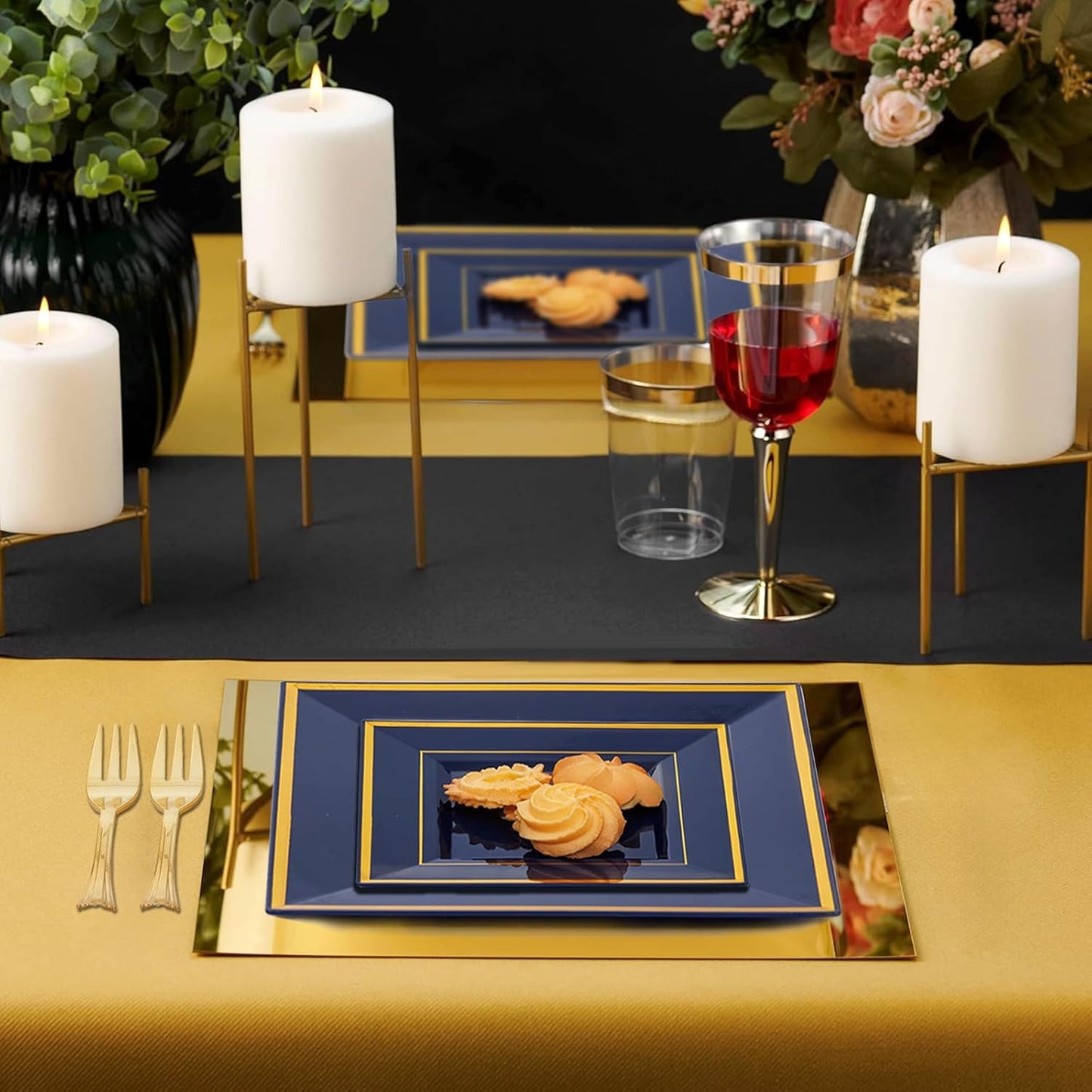WDF 200PCS Blue Plastic Dessert Plates with Plastic Forks -6’’ 100 Square Disposable Appetizer Plates Small Cake Plates with Gold&100 Navy Blue Small Appetizer Forks