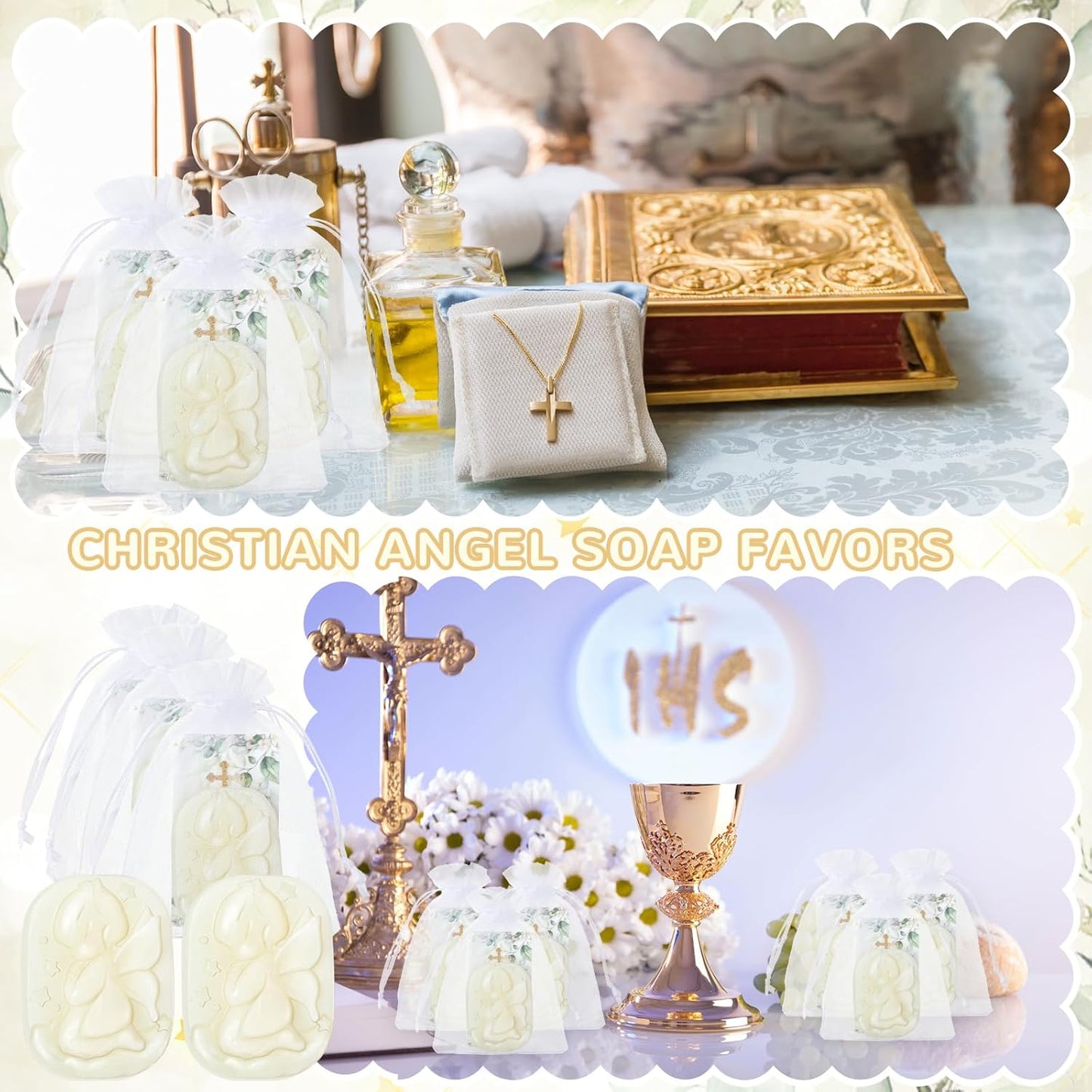 50 Sets Baptism Party Favors for Guests Baptism Soap Bulk Angel Shaped Soap with Thank You Gift Tags and Organza Bags for Religious Christian Christening Communion Wedding Bridal Baby Shower