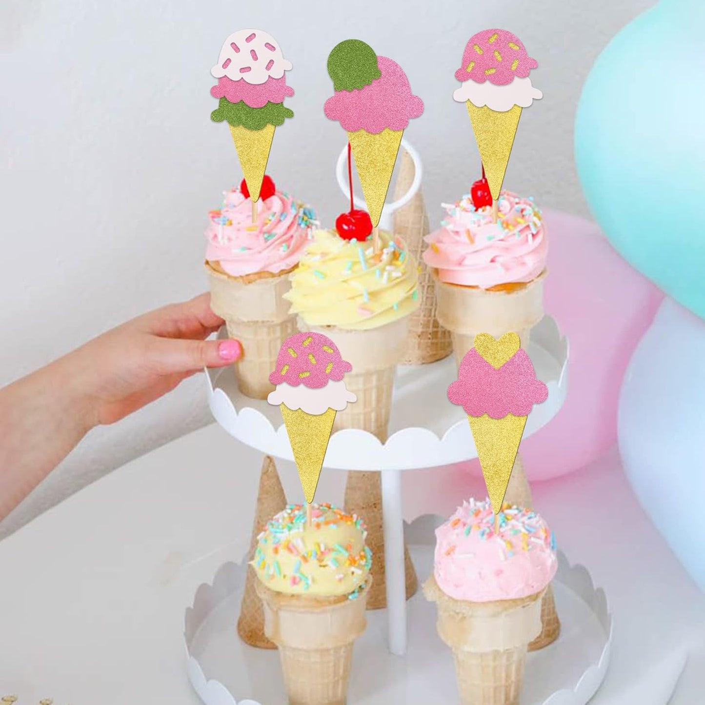 24 PCS Ice Cream Cupcake Toppers Assembled Glitter Paper Ice Cream Luau Cupcake Picks for Summer Hawaii Theme Baby Shower Wedding Birthday Anniversary Retro Party Cake Decorations Supplies