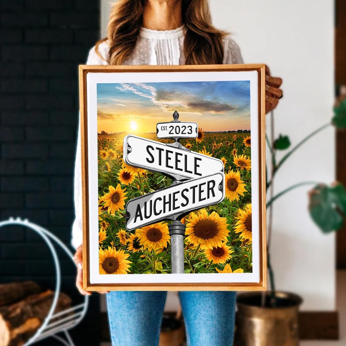 Personalized Name Vintage Street Sign Canvas Poster Love Gifts, Crossroads Wedding Date Names Street Signs Sunflower Poster Canvas Love Gift For Anniversary,Wedding,Birthday And Holidays