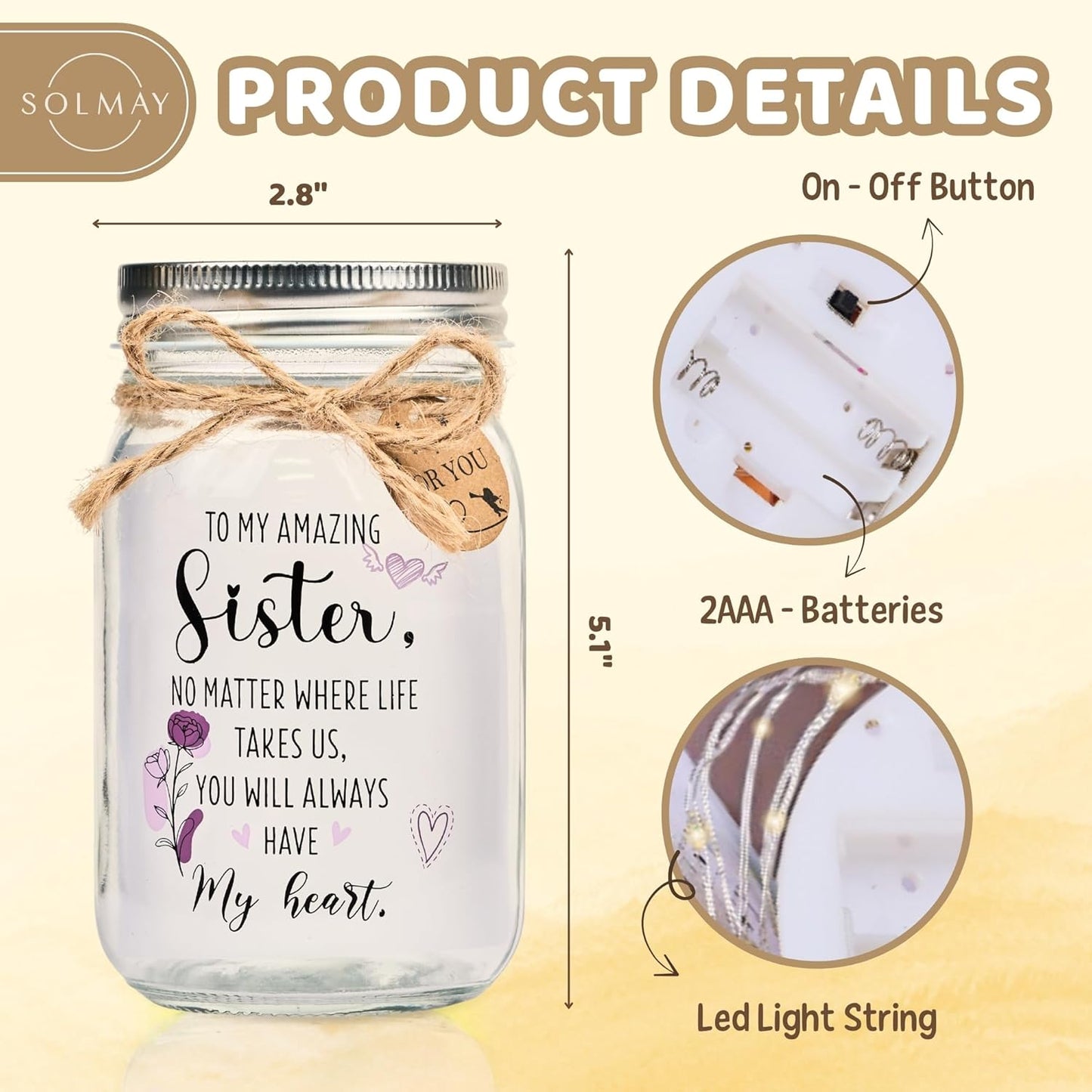 SOLMAY Sister Gifts Mason Jar Night Light – Unique Birthday & Christmas Gift for Sister– Sentimental Decorative Lamp from Sibling or Brother with Warm LED Fairy Lights
