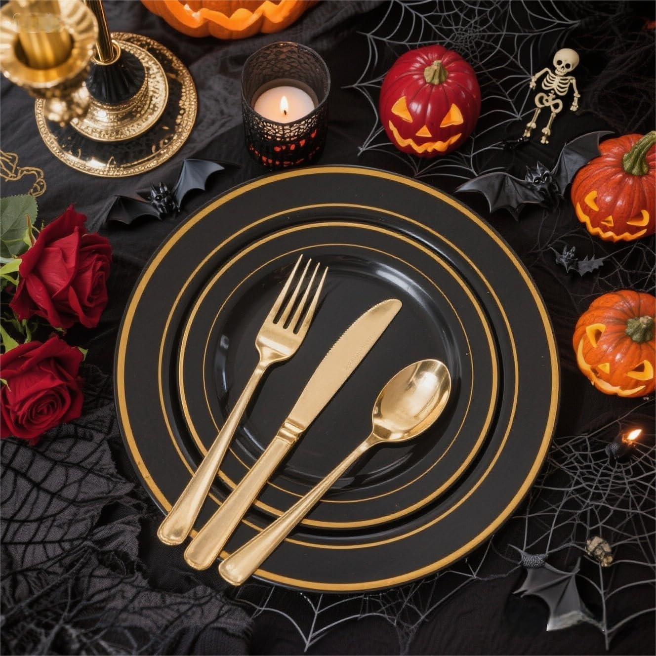 FLOWERCAT 100PCS Black and Gold Plates - Heavy Duty Black Plates Disposable for Halloween Party/New Year - Include 50PCS 10.25inch Dinner Plates - 50PCS 7.5inch Dessert Plates