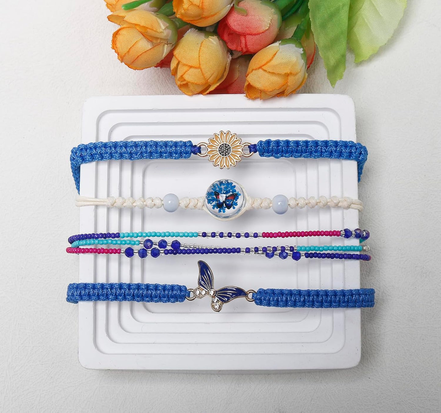 DS 4PCS String beads Charm Bracelets for Teen Girls Dainty cute cartoon Butterfly Daisy Eternal flower Beads Bracelets set for woman and girls Adjustable Stretch bracelet birthday Gift For Friends