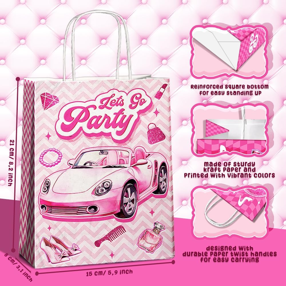 24 Pcs Princess Party Favor Bags with Handles - Pink Goodie Bags Gift Bags. Princess Theme Candy Bags for Kids, Kraft Paper Bags for Birthday Party Supplies and Baby Shower Decorations.