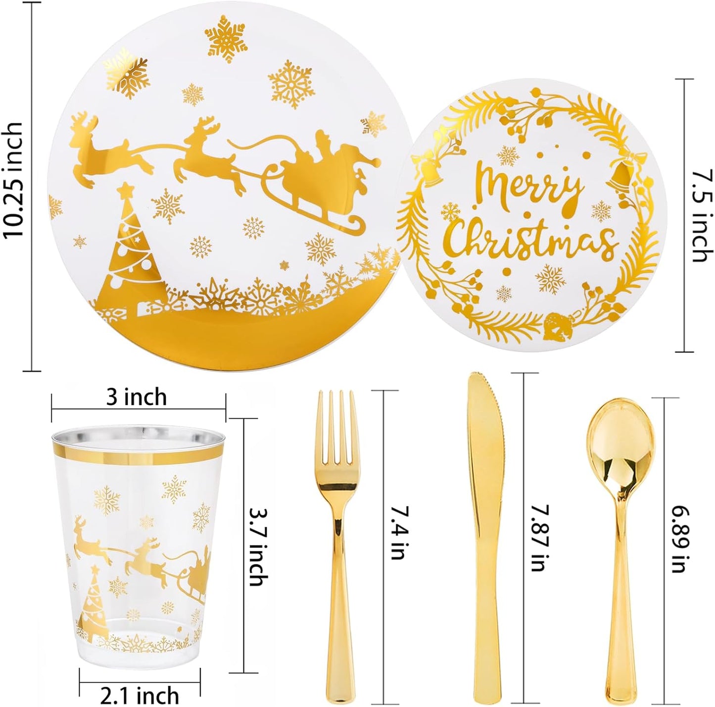 Supernal 150pcs Christmas Plates, Christmas Plastic Dinnerware include Gold Plastic Plates,Gold Plastic Silverware,Gold Plastic Cups, Christmas Party Plates for 25 Guests
