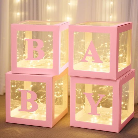 Ledido Baby Boxes with Letters for Baby Shower Decorations, 4 pcs Clear Balloon Boxes Blocks Decor with LED Fairy String Lights for Boy Girl Gender Reveal Decorations Backdrop Party (Pink)