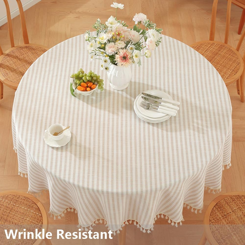 TruDelve Round Tablecloth 70 Inch Beige Striped Cloth Tablecloths Fall Tablecloths Outdoor Table Cloth Round Cover (Beige,70",Round)