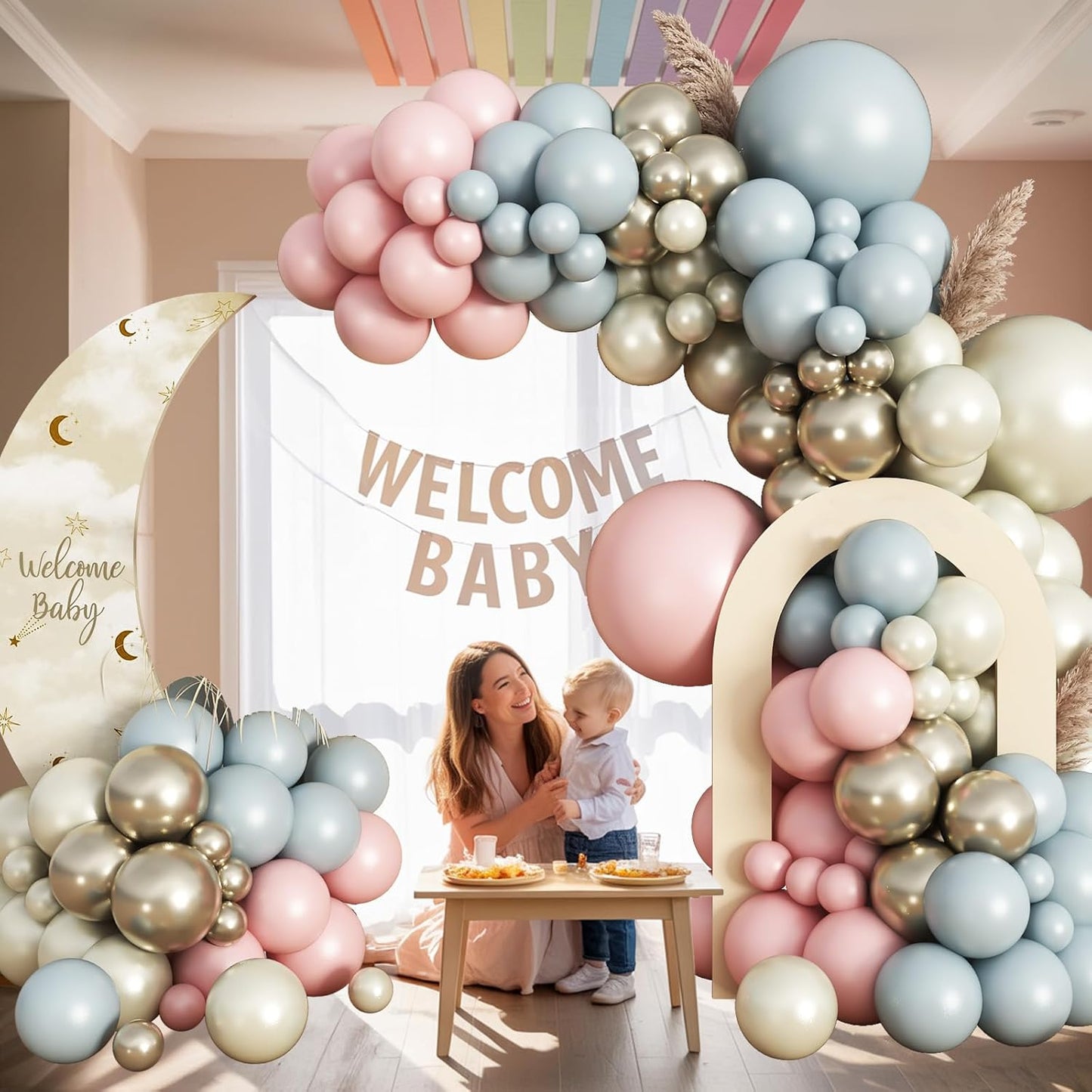 Baby Pink Blue Gender Reveal Balloon Garland Arch Kit, 120pcs Dusty Blue Pink Cream and Pastel Gold Balloons for Boho Neutral Oh Baby Shower Birthday Decor Gender Reveal Party Decorations Supplies
