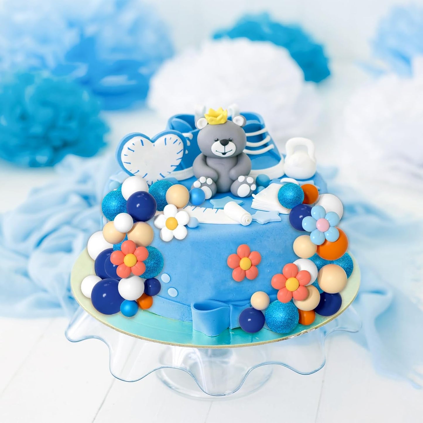 61 Pcs Boho Cake Topper Balls Decorations Mini Balloon Cake Topper Retro Hippie Daisy Flower Acrylic Ball Cake for Birthday Party Wedding Rainbow Baby Shower (Blue Orange)