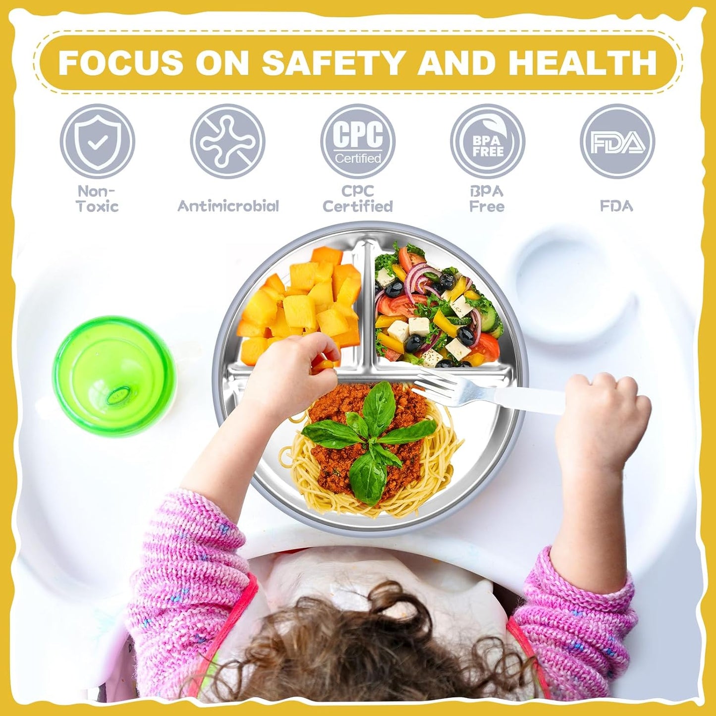 OVV Stainless Steel Kids Plates (2 Pack) – 9 Inch Toddler Divided Plates with ﻿Removable Silicone Sleeves & 5 Suction Cups Baby Self Feeding | Mess-Free Mealtime | Dishwasher Safe