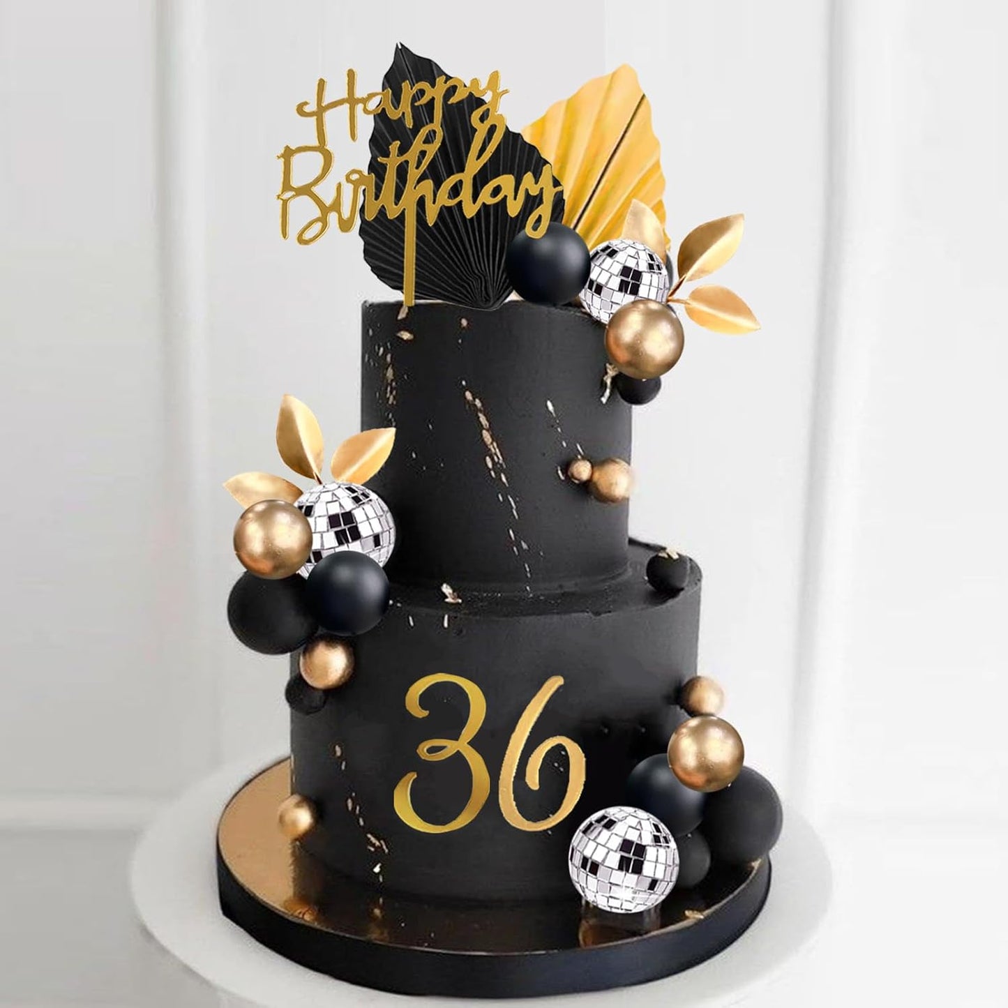 40Pcs Black Gold Balls Cake Topper Man Cake Decorations with Disco Balls Palm Leaves Acrylic Numbers 0-9 and Happy Birthday Cake Topper for Men Boy Black Theme Birthday Baby Shower Party Supplies