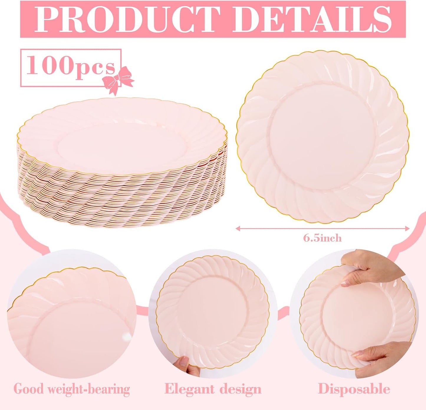 YOUBET 100 Pack Pink Scalloped Plastic Plates - 6.5 Inch Pink Disposable Plates - High End Elegant Vintage Dessert Plate for Party & Weeding & Birthday