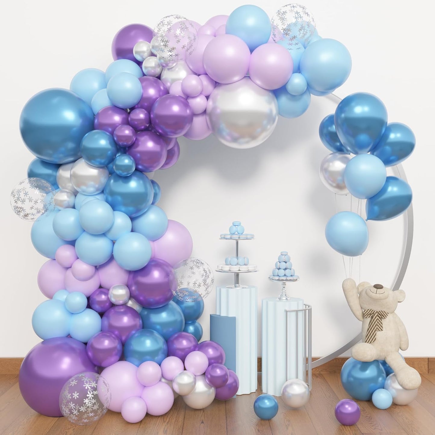 Amandir 153pcs Blue Purple Balloon Garland Arch Kit, Different Sizes 18 12 10 5 inch Blue Purple Pearlescent Metallic Confetti Snow Balloons for Princess Winter Wonderland Girl Baby Party Decorations