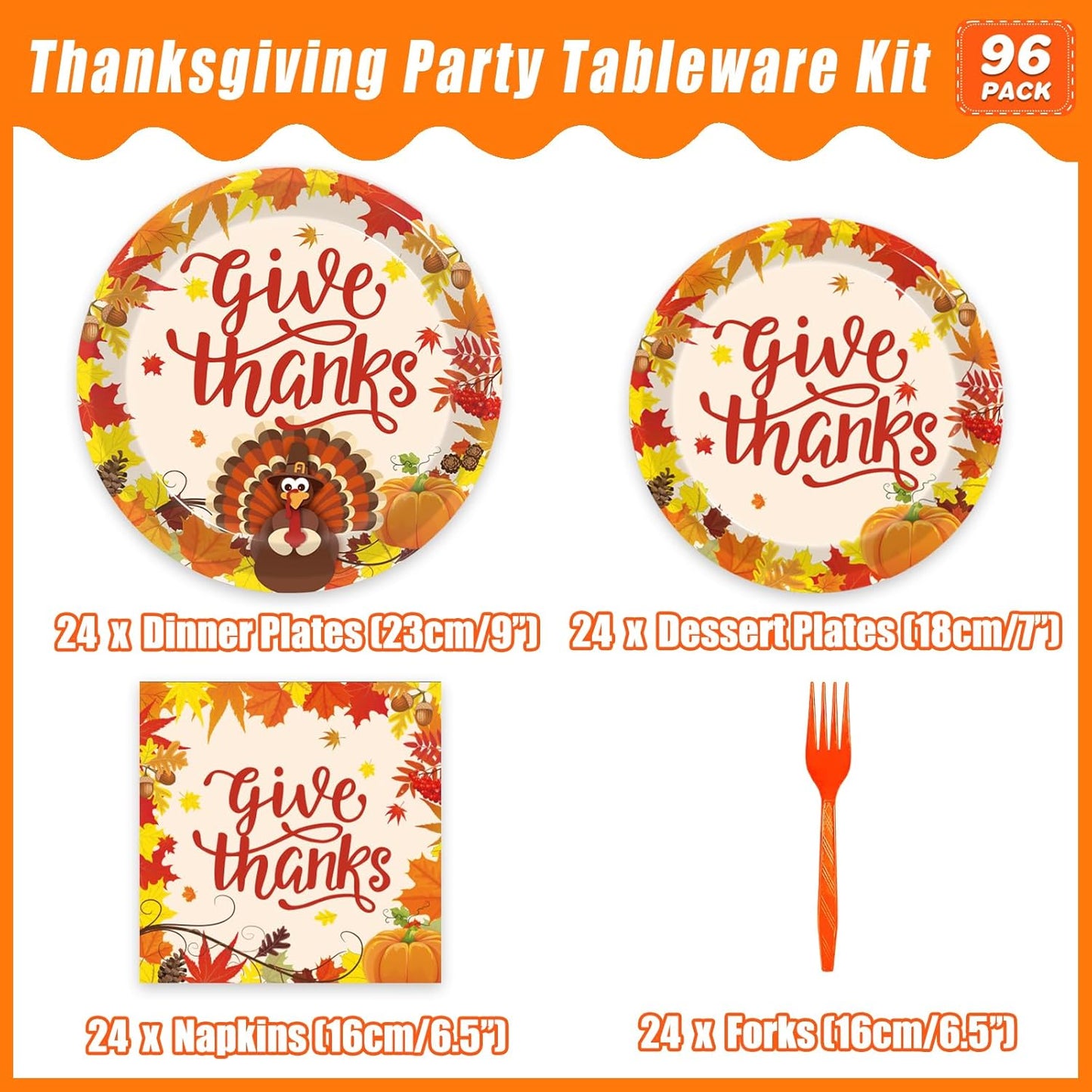 96 Pcs Fall Thanksgiving Party Supplies Give Thanks Party Plates Fall Pumpkin Turkey Autumn Party Plates Napkins Set Disposable Dinnerware Tableware for Thanksgiving Dinner Party, Serves 24