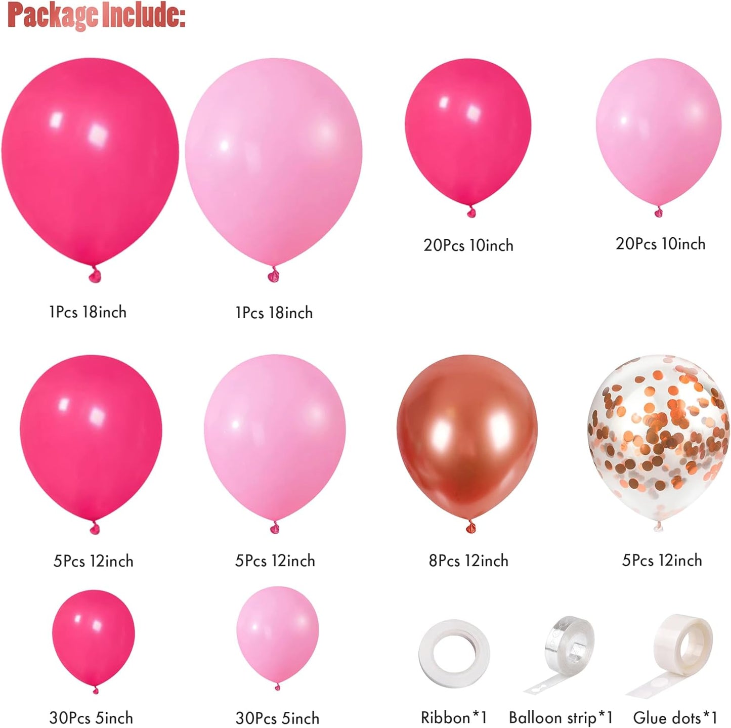 CANREVEL 125Pcs Pink Balloon Garland Arch Kit, Hot Pink Metallic Rose Gold Confetti Latex Balloons for Baby Girl Shower Princess Birthday Wedding Valentine's Party Decorations