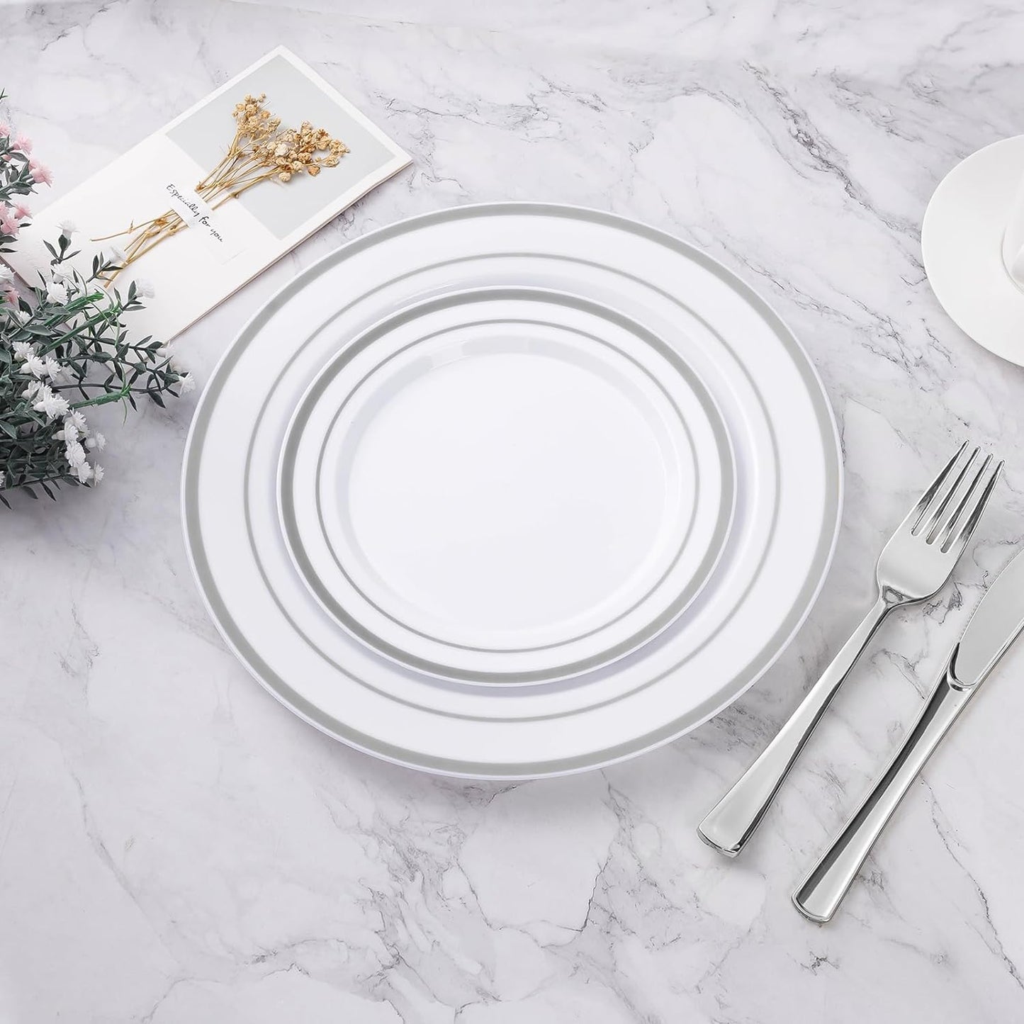 BESTVIP 200PCS Silver Plastic Plate, Disposable Party Plates with 100 Dinner Plates and 100 Dessert Plates, Plastic Plates for Party, Wedding and Birthday