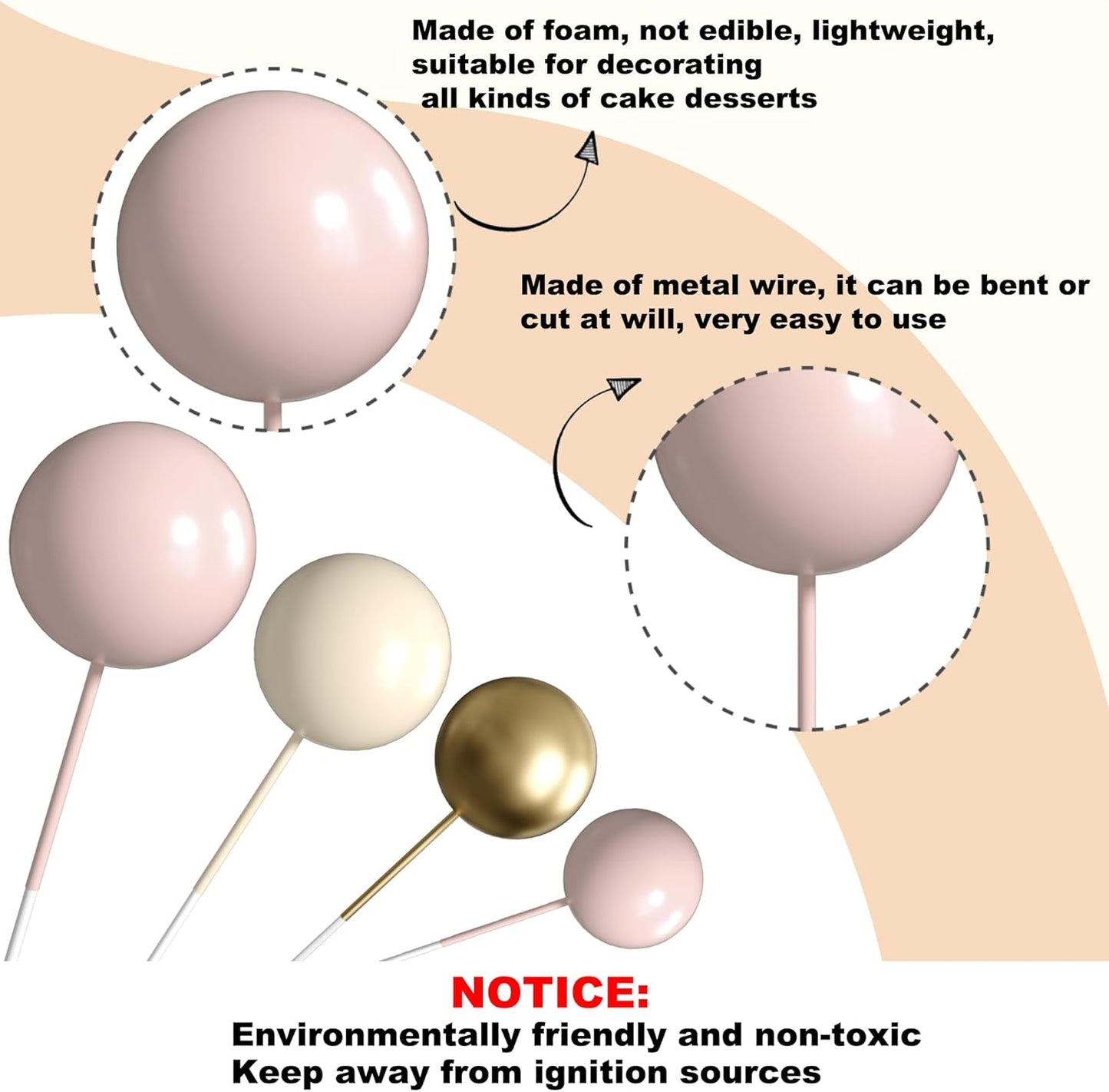 36 Pack Balls Cake Topper Decorations Foam Balloons Cake Decorations Sticks Mini Balloons Cake Toppers Balls Cake Picks for Baby Shower Wedding Anniversary Birthday Party Decorations Khaki Gold