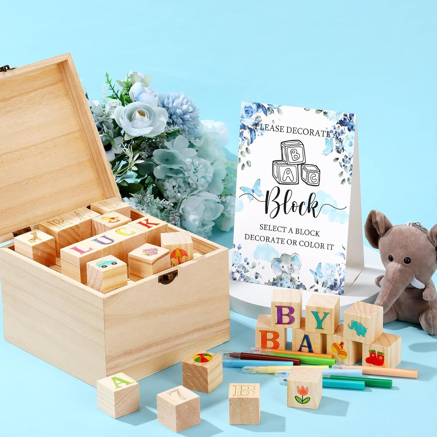 Marsui 136 Pcs Baby Shower Blocks to Decorate Game Kit Includes 98 Wooden Blocks, 36 Markers, 1 Game Sign, 1 Storage Box for Baby Shower Gender Reveal Activity Party Decorations(Blue Butterfly)