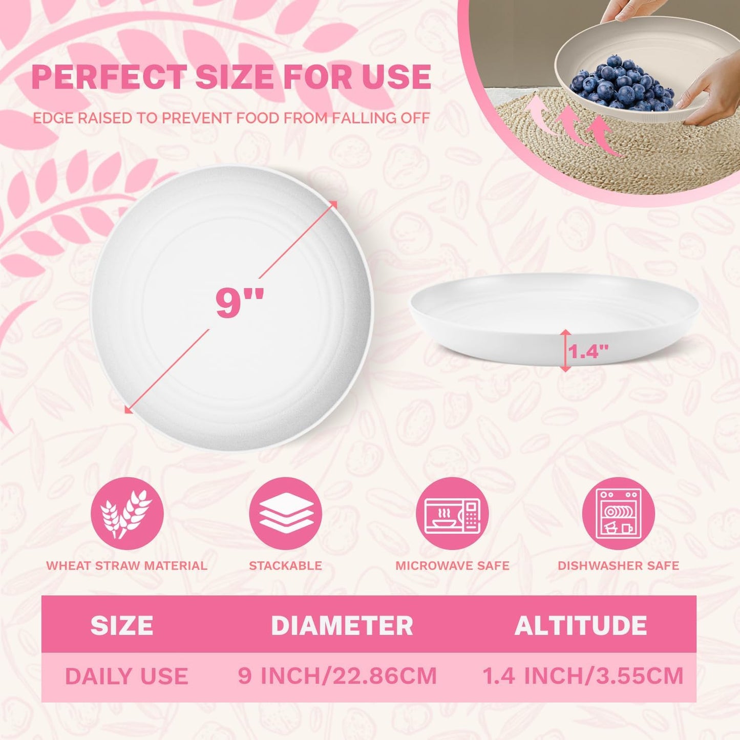 Homienly Wheat Straw Plates Set of 8, 9 inch Unbreakable Microwave and Dishwasher Safe Plates, Lightweight Round Dinner Plates with Unique Texture, Plate for Kitchen, Camping, Picnic - White