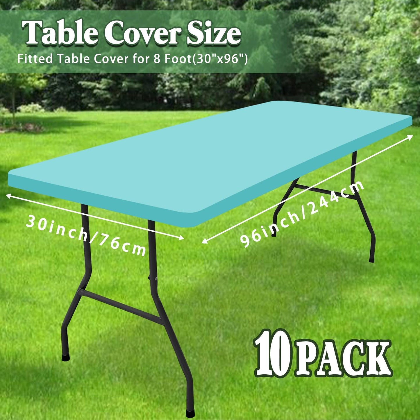 Picnic Table Cover 10 Pack Elastic Fitted Tablecloths for 8 Foot Rectangle Tables Waterproof Stretch Washable Patio Folding Outdoor Spandex Table Cloth Camping Banquet Parties (Aqua Blue,30" x 96")