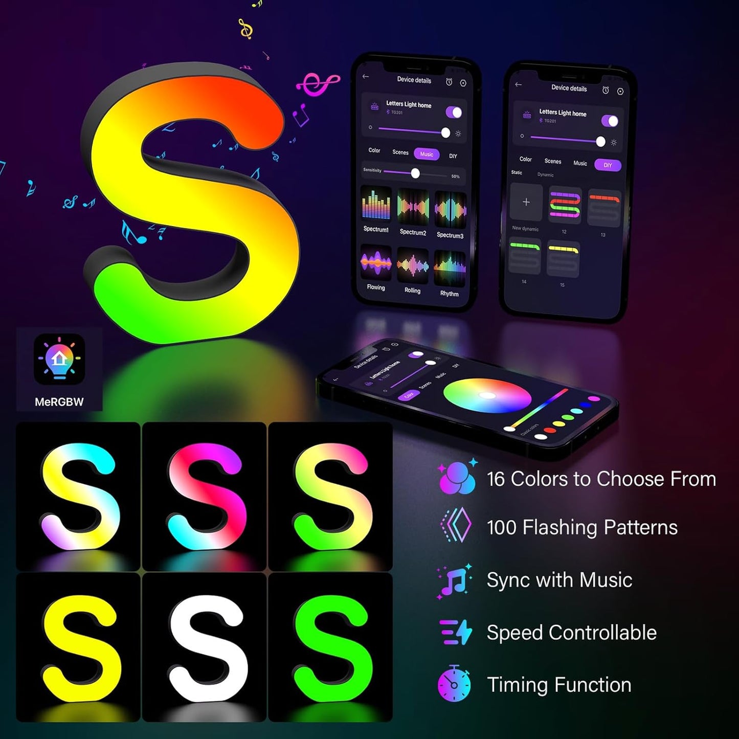 Light Up Letters Marquee Letter - Music Sync RGB Color Changing LED Lights Letter Logo Game Lights for Girls Women Party Birthday Christmas Valentine's Day Wall Desktop Decoration (MRGB-S)