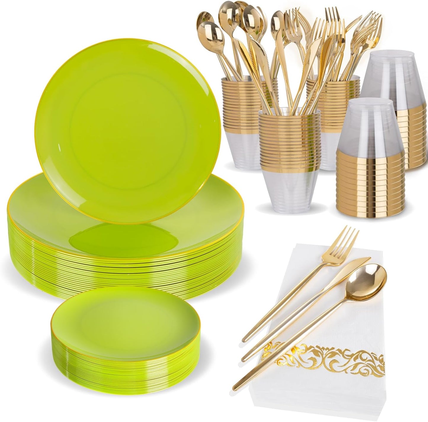 MirthMood 210pcs Green Plastic Plates,Disposable Green Gold Party Plates,Include 30 Dinner,Dessert Plate,30 Cup&30 Napkins, 90 Gold Silverware for Wedding & Party & Birthday（grape green）