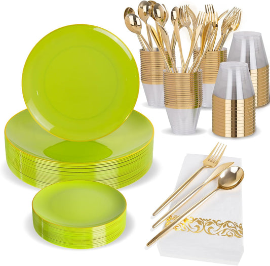 MirthMood 210pcs Green Plastic Plates,Disposable Green Gold Party Plates,Include 30 Dinner,Dessert Plate,30 Cup&30 Napkins, 90 Gold Silverware for Wedding & Party & Birthday（grape green）