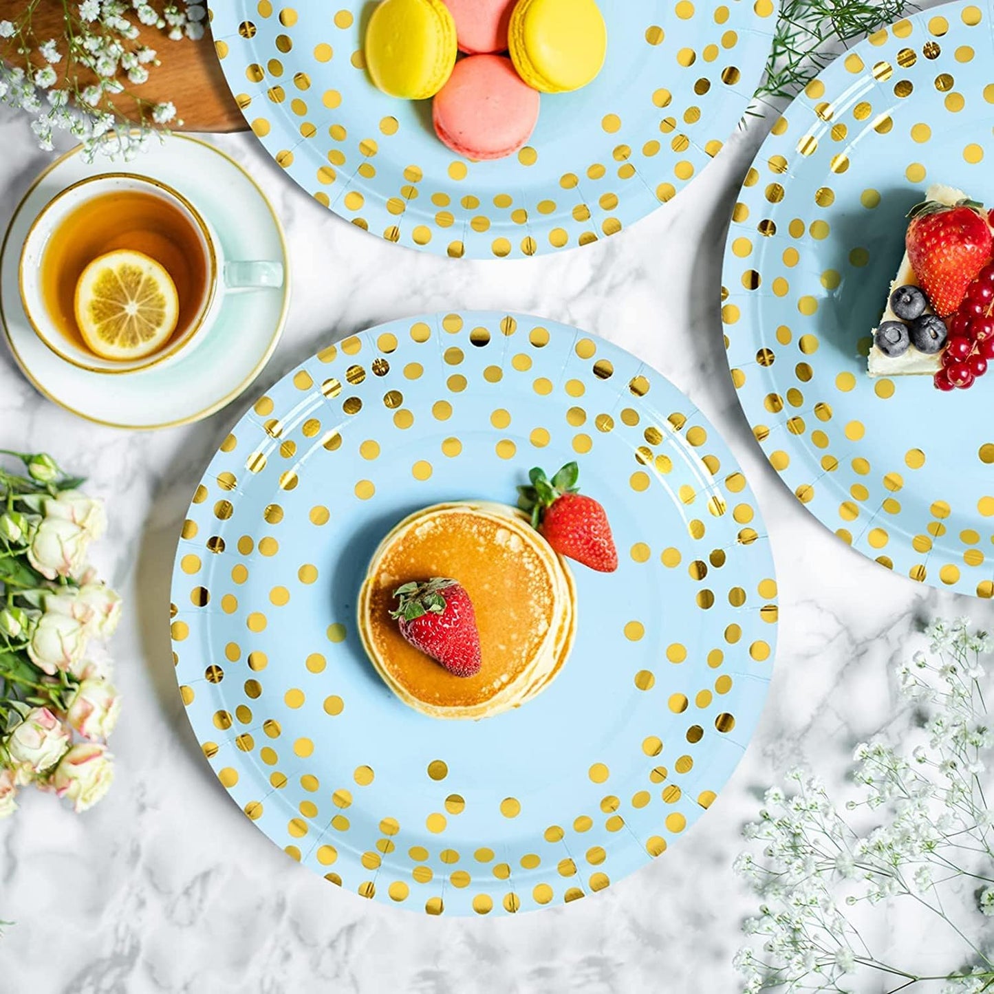 Blue and Gold Paper Plates and Napkins Set -100 x 7'' Dessert plates & 100 x 6.5'' Napkins,Blue Paper Plates for Appetizers,Cakes and Salads,for Birthday,Wedding,Baby Showers,Anniversary(200 PCS)