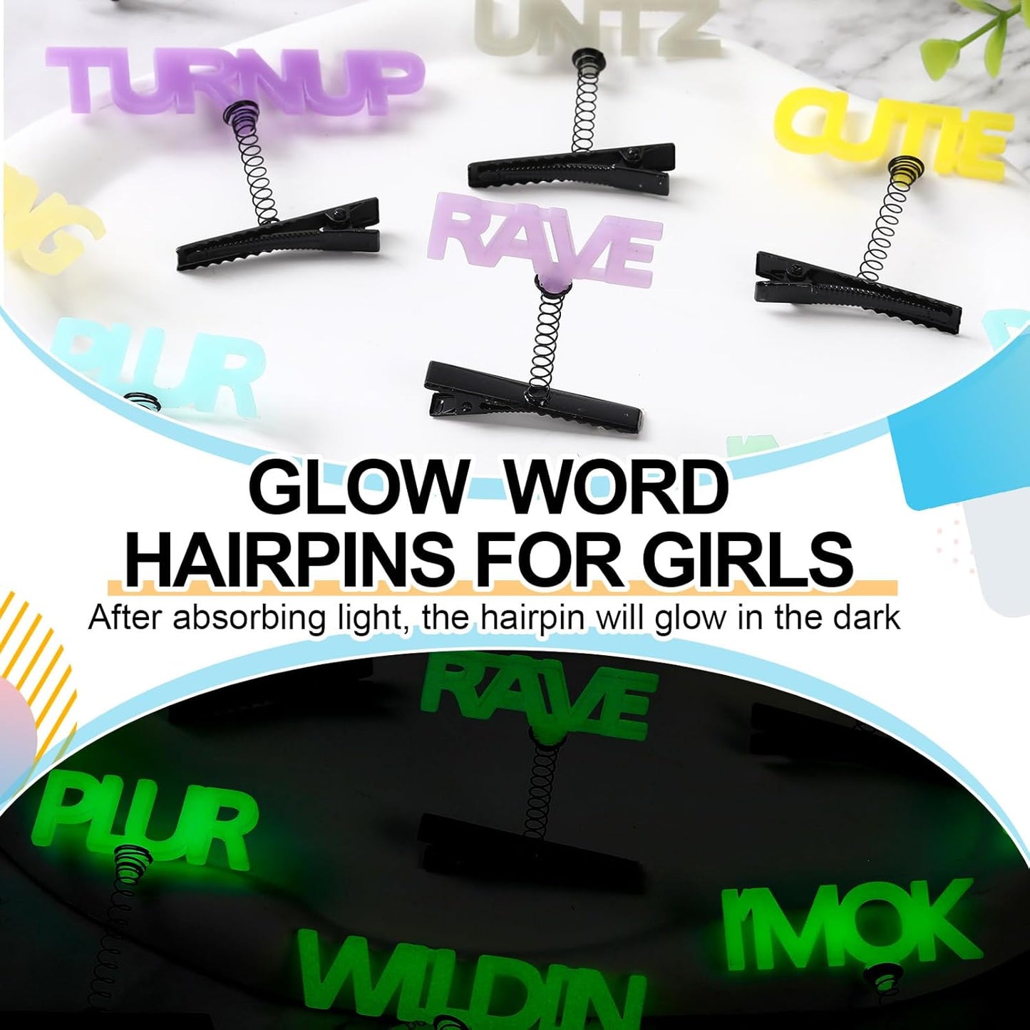 60 Pcs Mini Glow Hair Clips Girls Rave Hair Clips for Women Christmas Music Festival Holiday Party Supplies (Words)