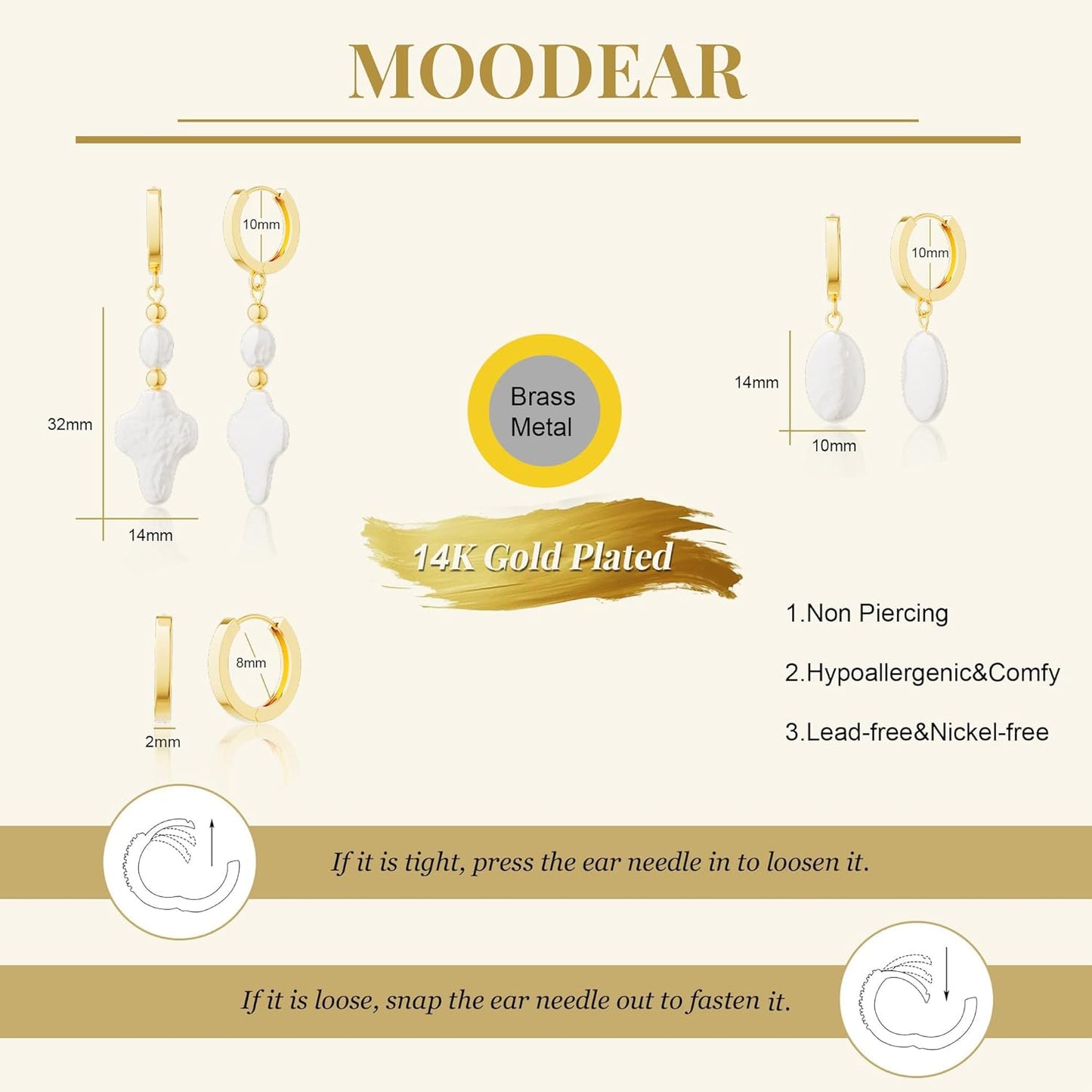 Moodear Gold Earrings for Women No Tarnish - Trendy 14K Gold Plated Pearl Hoop Studs Chain Earrings Stacks for Women Wedding Jewelry Gift